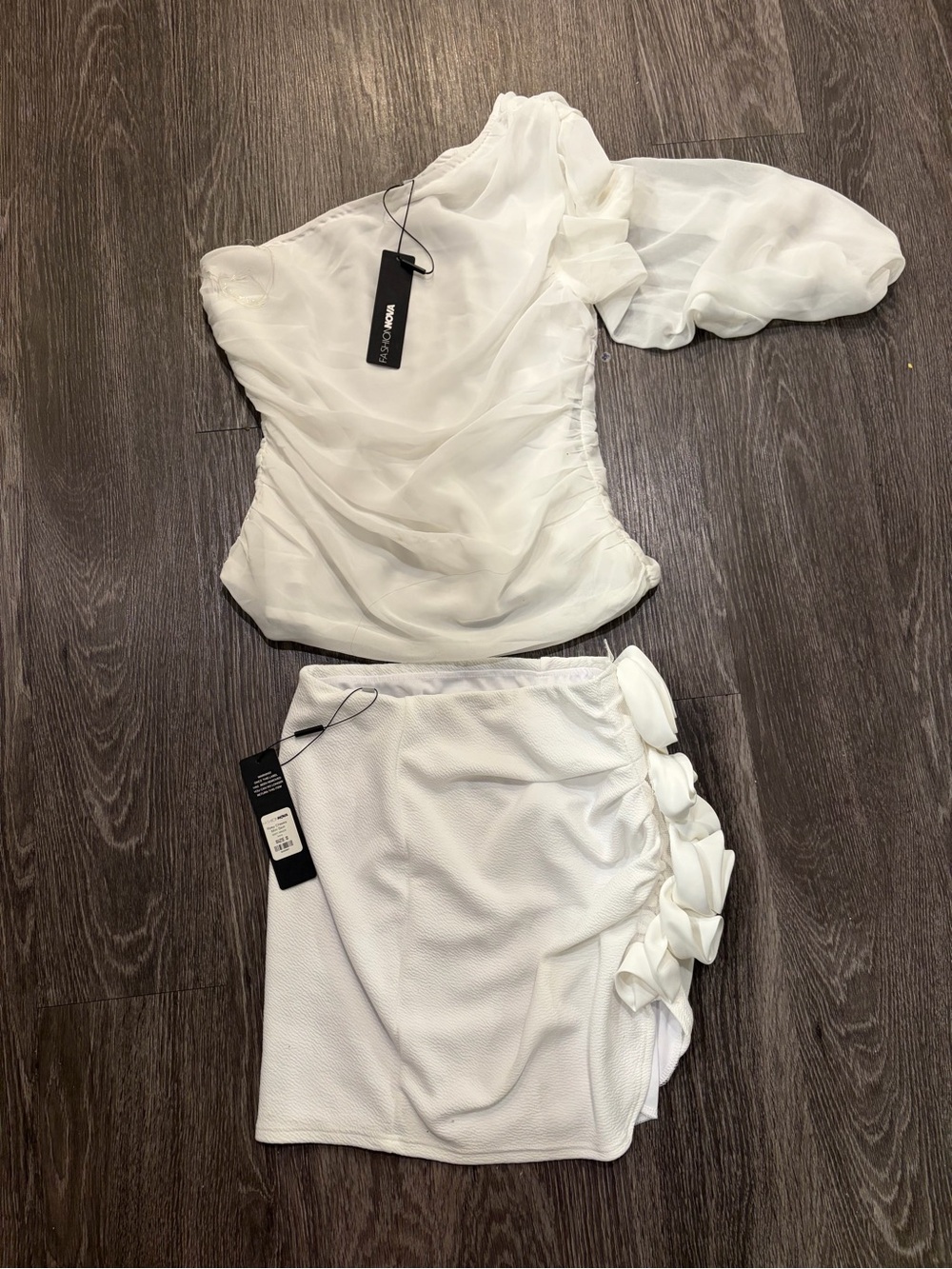 Fashion Nova White One-Shoulder Puff Sleeve Top & Bow-Detail Mini Skirt Set